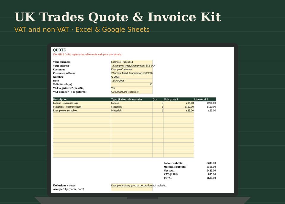 UK Trades Quote & Invoice Kit: preview of the template on screen, filled with clearly labelled example data