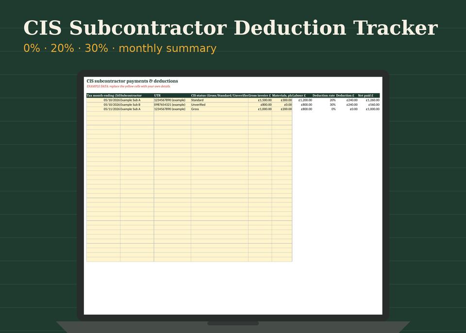 CIS Subcontractor Deduction Tracker: preview of the template on screen, filled with clearly labelled example data
