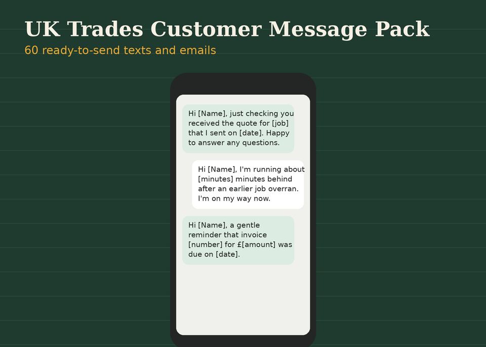 UK Trades Customer Message Pack: preview of the template on screen, filled with clearly labelled example data