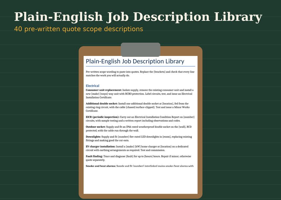 Plain-English Job Description Library: preview of the template on screen, filled with clearly labelled example data